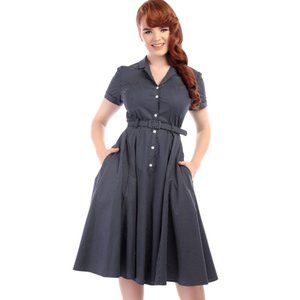 Collectif Black Polka Dot Retro Rockabilly Button-Down Caterina Dress w/ Pockets